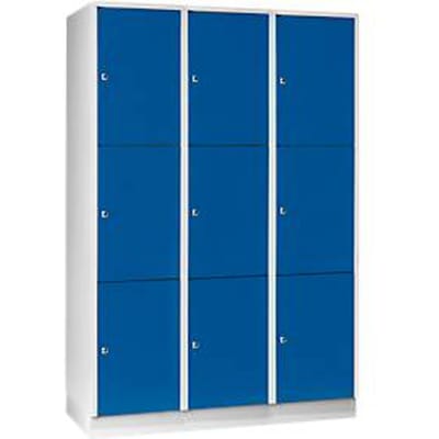 Vakkenkast 400 mm, 3 compartimenten, 9 vakken, veiligheidscilinderslot, sokkel, gentiaanblauw