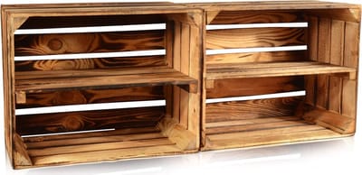 2x Gevlamde Houten Kisten voor Opslag en Decoratie - Lange Plank - 50x40x30 cm