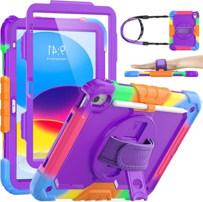 Shockproof iPad A16 Case 11 inch met Screen Protector, 360 Rotatable Stand, Hand Strap en Penhouder in Camo Paars