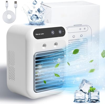 Draagbare auto-airconditioner - Wit - Oplaadbare draagbare airconditioner - Mini/tweesnelheden persoonlijke koelventilator - Geschikt voor kleine ruimtes zoals slaapkamers/kantoren en buiten.