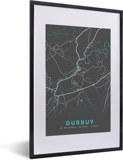 Fotolijst incl. Poster - Kaart – Plattegrond – Stadskaart – Durbuy – België - Grijs - 40x60 cm - Posterlijst