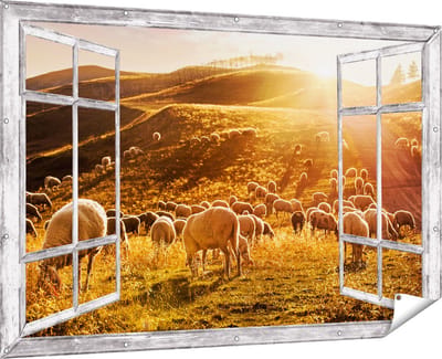 Gards Tuinposter Doorkijk Schapen in de Heuvels bij Zonsondergang - 180x120 cm - Tuindoek - Tuindecoratie - Wanddecoratie buiten - Tuinschilderij