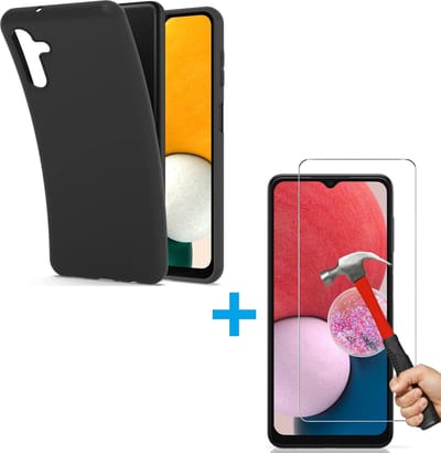 Silicone hoesje zwart met 2 Pack Tempered glas Screen Protector Geschikt voor: Samsung Galaxy A13 5G / Samsung Galaxy A04s