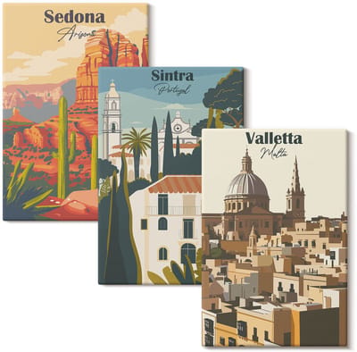 Wallfluent Set van canvas schilderijen - Retro stadsgezichten van Sedona Sintra Valletta Canvas Schilderijen Set - set 3 stuks 20x30 cm - Veelkleurig Set van Canvas Prints - Steden Canvas Kunst Set - Boheemse Canvas Kunst Set