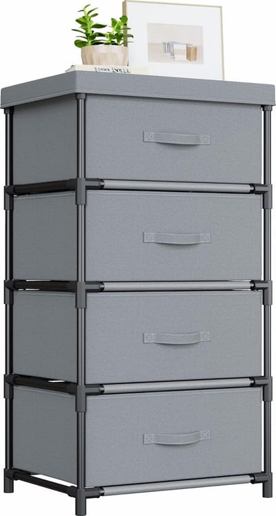 commode slaapkamer, 4 laden opbergunit met stevig stalen frame, dressoirladen voor slaapkamer, woonkamer, hal, kantoor en kast - grijs