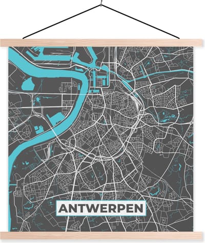 Posterhanger incl. Poster 40x40 cm - Schoolplaat - Stadskaart – Grijs - Kaart – Antwerpen – België – Plattegrond - Textielposter - Blanke latten - Stadskaart