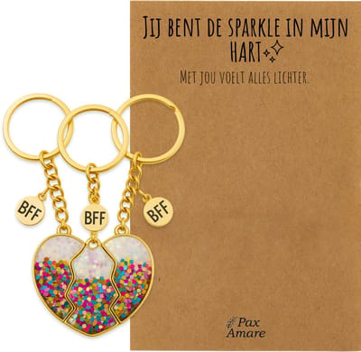 BFF Sleutelhanger voor 3 'Jij bent de sparkle in mijn hart' - Magnetisch Glitter Hartje - Sleutelhanger set op Cadeau Kaartje - Goudkleurig - Vriendschap Symbool - Pax Amare
