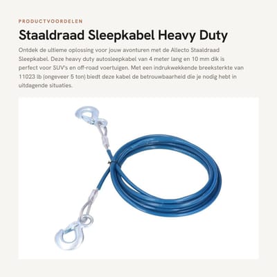 Dailygoods- Sleepkabel Heavy Duty - Autosleepkabel - PVC/staaldraad - 4000 x 10 mm - Maximale belasting 5 ton - Reservekabel voor aanhangwagen - Trekkabel