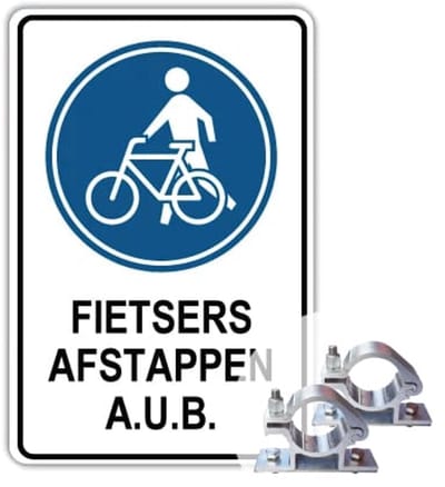 Bord Fietsers afstappen - Weerbestendig Aluminium - 40x60 cm - Bevestiging: Met paalbeugels Ø48mm