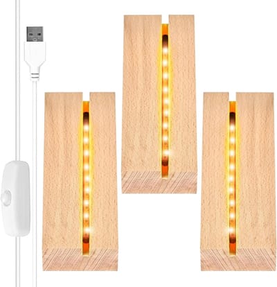 LED Pedestal Set - 3-delige houten lampenbasis, rechthoekige lampenvoet met USB-schakelaar voor acrylplaat en kristalglas verlichting