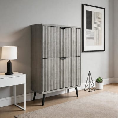 Komhtom - Verborgen schoenenkast met geribbeld design - 60 cm grijs - Met 2 klapladen - Vrijstaand te gebruiken in hal, gang en woonkamer