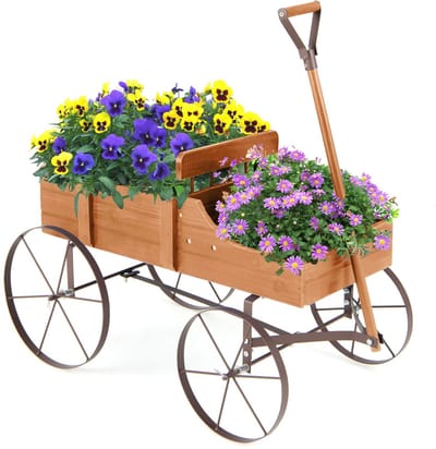 COSTWAY Houten bloemenstandaard, plantenkar, bloemenkar met metalen wielen, bloembak plantenstandaard voor tuin en terras, 62x34x60cm (oranje)