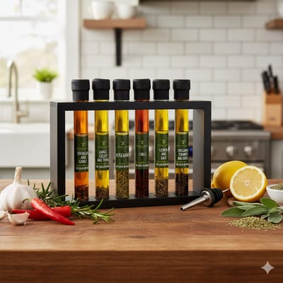 Olijfolie Cadeauset – 6x40 ml Gearomatiseerde Olijfoliën – Basilicum, Knoflook, Chili, Citroen, Rozemarijn & Oregano – Luxe Kook- & Dipolie Geschenkset