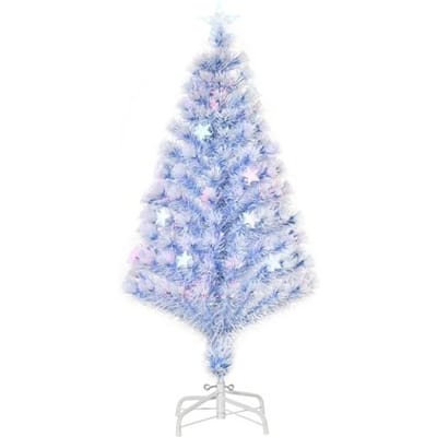 Sapin de Noël artificiel - MUVOE - Ø60 x 120 cm - Blanc & bleu - Fibres optiques LED multicolores - Socle métallique blanc