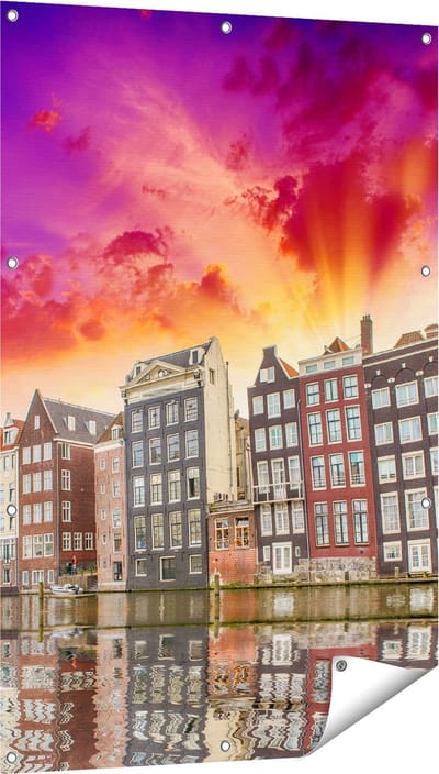 Gards Tuinposter Amsterdamse Huisjes bij het Kanaal - Kleur - 80x120 cm - Tuindoek - Tuindecoratie - Wanddecoratie buiten - Tuinschilderij