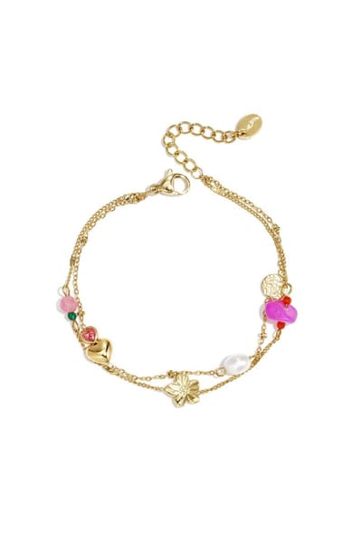 Gouden Armband met Bedels en Parel – Dames Armband – Hartje & Bloem – Verstelbaar – Trendy Sieraad