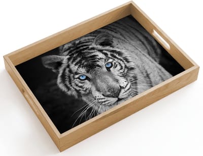 Dienblad hout 40x30 cm - Schootdienblad - Tijger - Dier - Zwart - Blauw - Modern - Borrelplank rechthoek - Plateau dienbladen