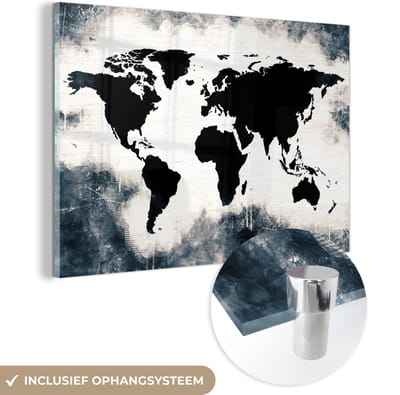 MuchoWow® Glasschilderij 60x40 cm - Schilderij acrylglas - Wereldkaart - Hout - Zwart - Foto op glas - Schilderijen