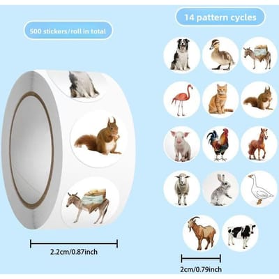 Ronde Dierenstickerrol 500 Stickers 14 Patrooncycli Boerderij- en Huisdierontwerpen 2 cm zuiver witte kleur