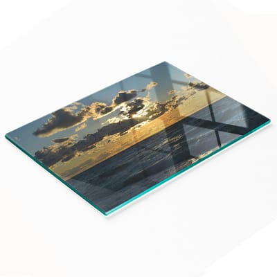 Decoratieve glazen snijplank met zonsondergang boven de zee, 80x52 cm