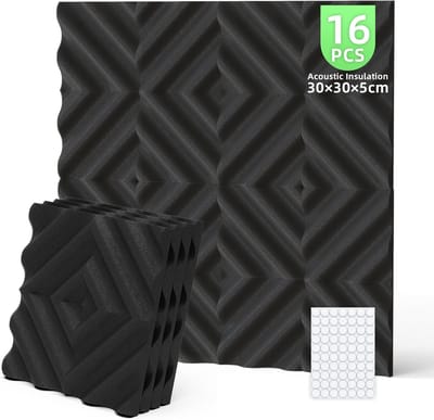 Famanu – Akoestisch schuim, 30 x 30 x 5 cm, geluidsisolatie en geluidsabsorberende panelen, 16 stuks, ideaal voor opnameruimtes en kantoren