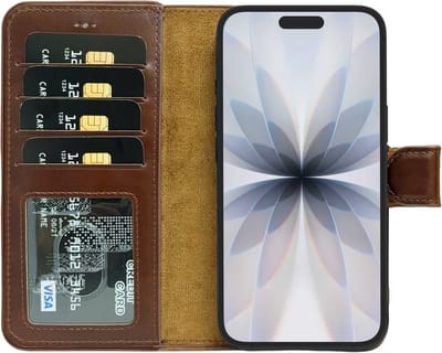 Lykke iPhone 17 Hoesje- Echt Leren Hoesje met MagSafe -Pasjeshouder- Uitneembare Backcover –Bruin