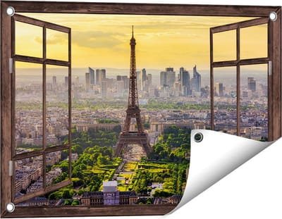 Gards Tuinposter Doorkijk Skyline van Parijs met de Eiffeltoren - 60x40 cm - Tuindoek - Tuindecoratie - Wanddecoratie buiten - Tuinschilderij