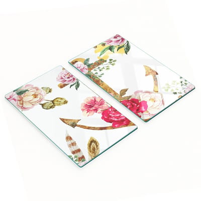 Glazen serveerplanken voor in de keuken met anker- en bloemenmotief, 2x30x52 cm