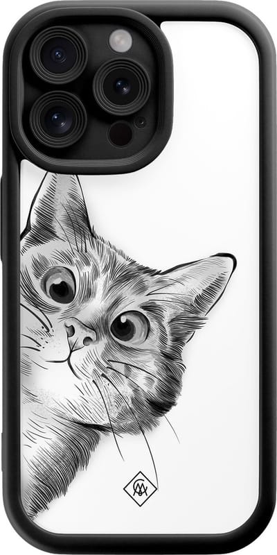 Casimoda® hoesje - Geschikt voor iPhone 15 Pro Max - Kat Kiekeboe - Effen telefoonhoesje met lensbescherming - Siliconen/TPU - Backcover - Zwart