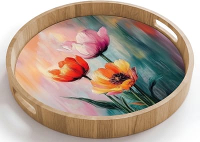 Dienblad rond 40x40 cm - Schootdienblad hout - Dromerig - Bloemen - Verfijnde details - Borrelplank rechthoek - Plateau houten dienbladen