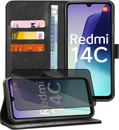 Hoesje geschikt voor Xiaomi Redmi 14C / Redmi A4 / Poco C75 - Privacy Screenprotector Volledig Dekkend Glas - Portemonnee Book Case Zwart