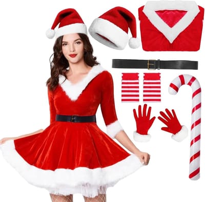 Kerstkostuum voor Dames van Fluweel met Ceintuur, Hoed, Handschoenen en Sokken voor Feestelijke Cosplay en Kerstvieringen