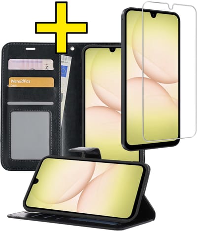 Hoesje - Met Screenprotector - Geschikt voor Samsung Galaxy A17 - Luxe Pasjeshouder - Bookcase Portemonee - Flip Case - Kunstleer Book Case - Flipcase - Book Cover - Walletcase - Portemonneehoes - Telefoonhoesjes - Zwart