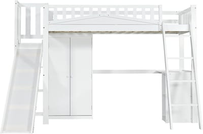 Sweiko Hoogslaper - 90x200 cm - met Tafel + Kleerkast + Glijbaan - Den + MDF - Wit