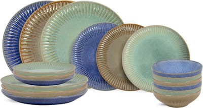 Cookinglife Serviesset Aqua Maris - 18-Delig Voor 6 Personen - Borden En Kommen - Dinner Set - Aardewerk Aqua - Vaatwasser- En Magnetronbestendig