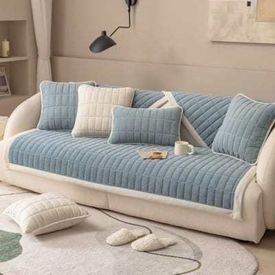 Geruite Gewatteerde Effen Bankhoes Velvet Voor Woonkamer L-Vorm Bank Winter 2 3 4 Zits Bankhoes Antislip Armleuning Handdoek Cushion cover30x50cm blauw