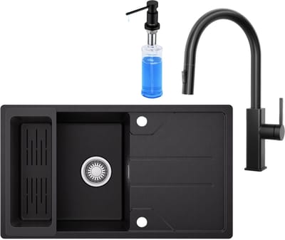 CECIPA max Spoelbak Keuken 78*45cm - Graniet Spoelbakken Met Uittrekbare Uitloop Keukenkraan en Zeepdispenser 300ML - Multifunctionele Spoelbak Met Planchet en Afvoermand - Met waterafvoersysteem - Voor 60 cm kast - Zwart