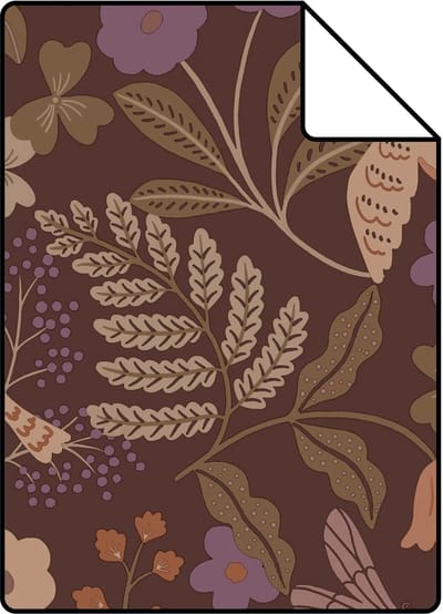 Proefstaal ESTAhome behang bloemen en vogels bruin, groen, terracotta en paars - 26.5 x 21 cm - 131467-S