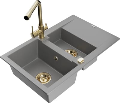 Mexen Gaspar granieten gootsteen met 1,5 kuip met afdruiprek en keukenkraan Duero, grijs - 6507-71-671600-50