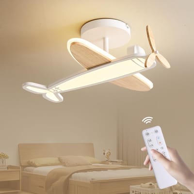 Epochglo LED Plafondlamp Modern voor Kinderkamer & Slaapkamer - Vliegtuig Design (53cm) met Houten Propeller - Draaibare en Bewegende Propeller - 40W 3800LM - Dimbaar (3000K-6000K) - Plafonniere met Afstandsbediening, Nachtlampje & Timer