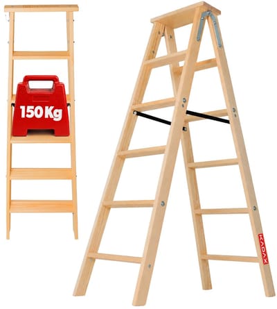 KADAX Houten ladder, ladder van hout, schilderladder, staande ladder, vouwladder, huishoudladder, vouwladder, dubbele trap ladder met stalen haken (6 treden)