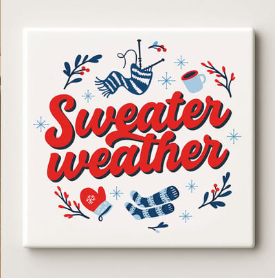 Gezellige Tegel “Sweater Weather” 15x15 cm – Winterse Keramische Wanddecoratie Cadeau voor Huis, Koffiehoek of Seizoensdecoratie