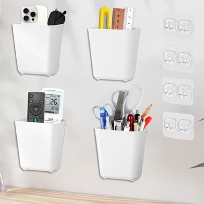 4 stuks zelfklevende afstandsbedieningsorganisator, plastic wandophanghouders, mini-containerbeker voor schrijfwaren, make-upborstel, keukenkastdeur, opbergdozen voor badkamer, slaapkamer, kantoor,