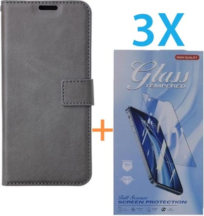 Bookcase Geschikt voor: Apple iPhone 14 Plus - Grijs - portemonnee hoesje - + 3X Tempered Glass Screenprotector