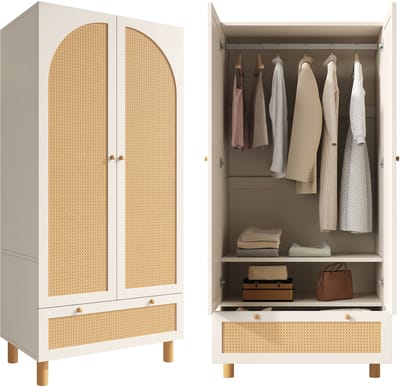 Kleiderschrank Landhausstil 180,5×85,5×52cm Wit | 2 Türen + Rattan + Große Schublade + Kleiderstange | Hout