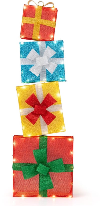 COSTWAY 120 cm grote led-geschenkdozen, 4 stapelbare kerstdecoratiedozen met 48 warmwitte lampen, verlichte kerstdoos, kerstdecoratie, kerstverlichting voor buiten, binnen