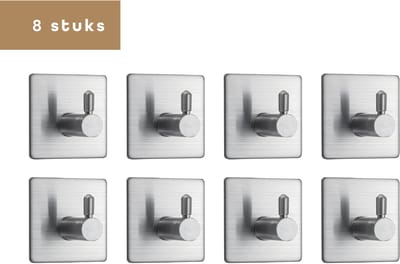 Baulk® - Handdoekhaakjes zelfklevend – Ophanghaken – Wandhaken – Haken zelfklevend – Zonder boren – Set van 8 – Zilver – RVS