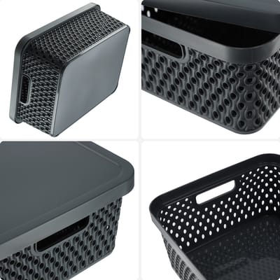 KADAX Opbergmand, mand met deksel, opbergkist, opbergdoos van plastic, moderne plankmand, container met ventilatiegaten (set van 3: 4,5L, 12L, 18L, grijs)