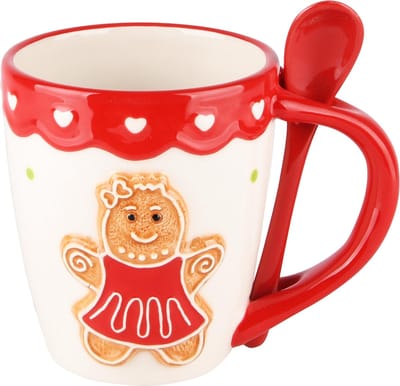 Dekoratief | Mok m/lepel m/cookie, dolomiet, wit/rood, 13x9x11cm | A235236