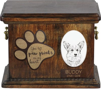Persoonlijke urn voor Pembroke Welsh Corgi met foto en as.